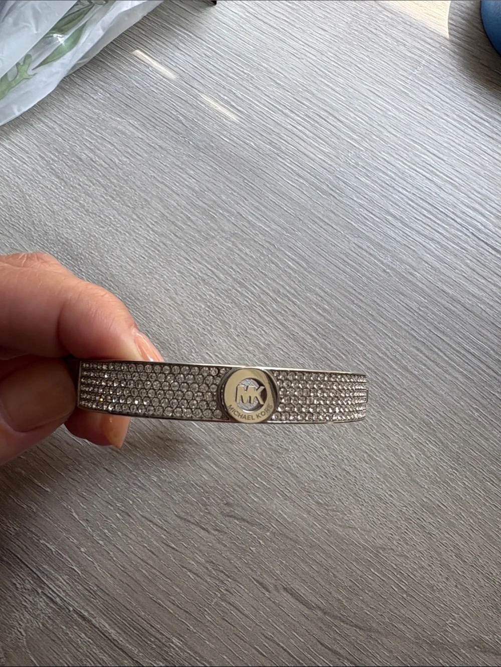 Michael Kors Crystal-Embellished Silver MK Logo Bangle